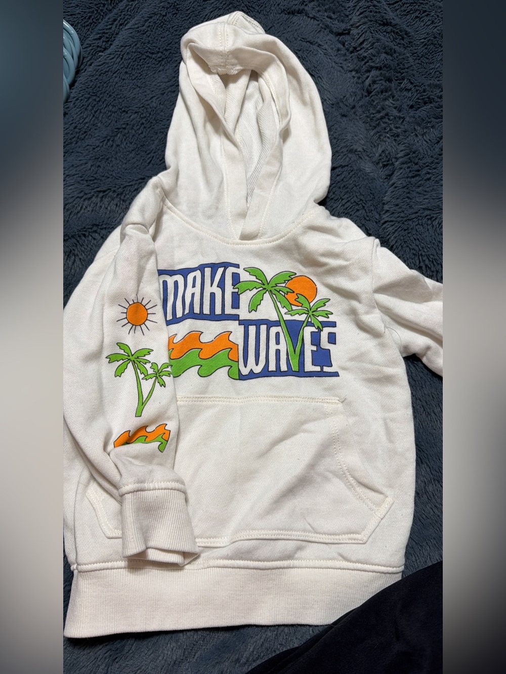 Old Navy Cream Hoodie with Blue, Green & Orange Surf Graphic